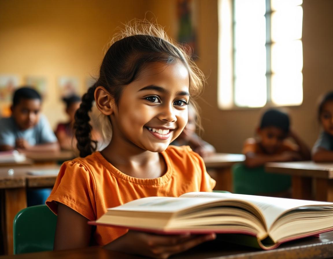 Criança sorrindo em sala de aula