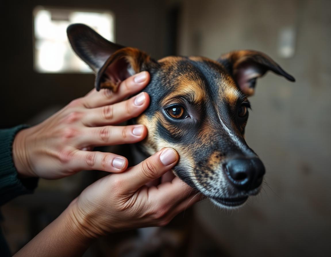 Cão resgatado sendo acariciado